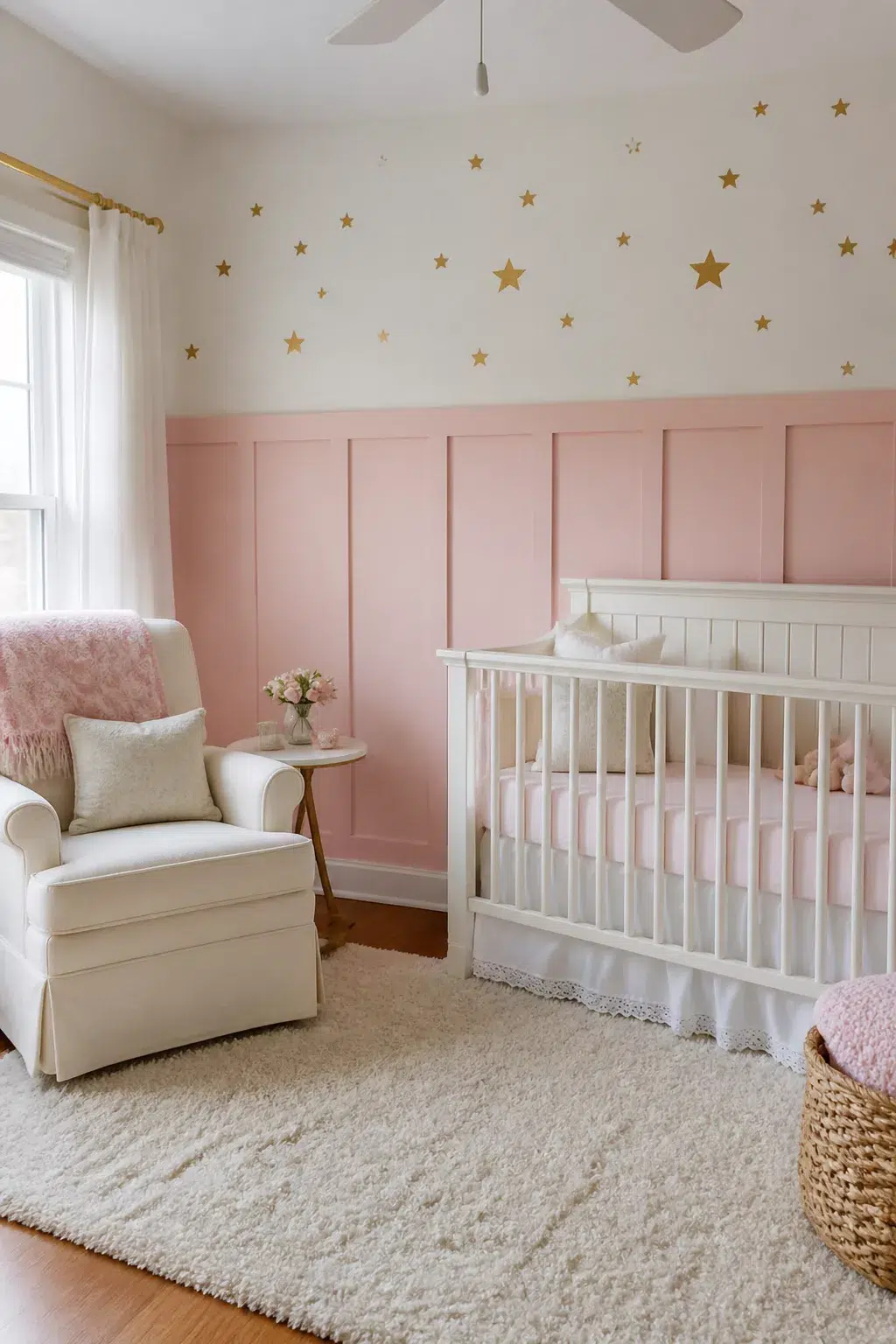Blush pink board and batten nursery walls with gold star decals, white crib, and glider chair