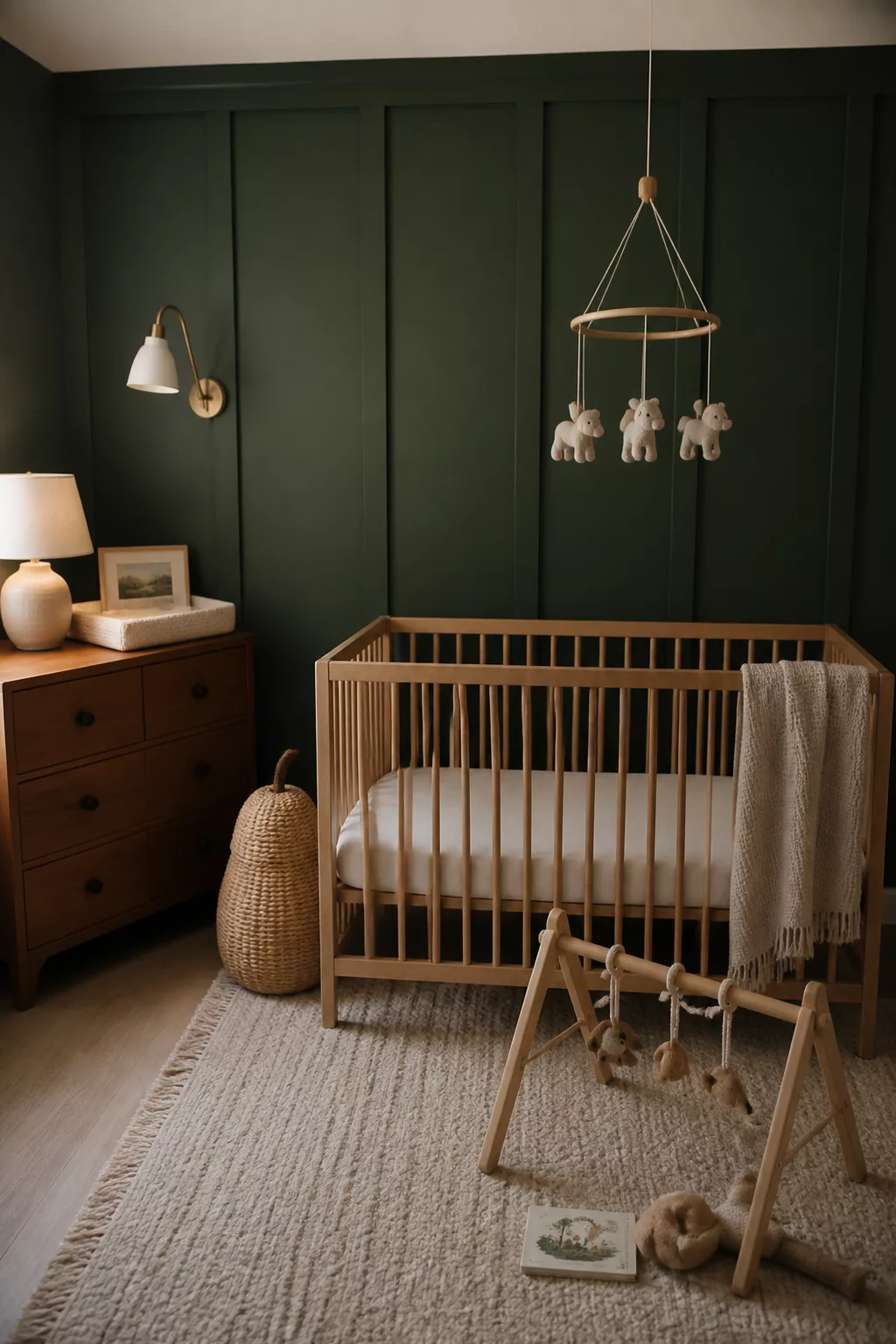 Deep forest green board and batten nursery walls with natural wood crib, brass sconce, and woven rug.