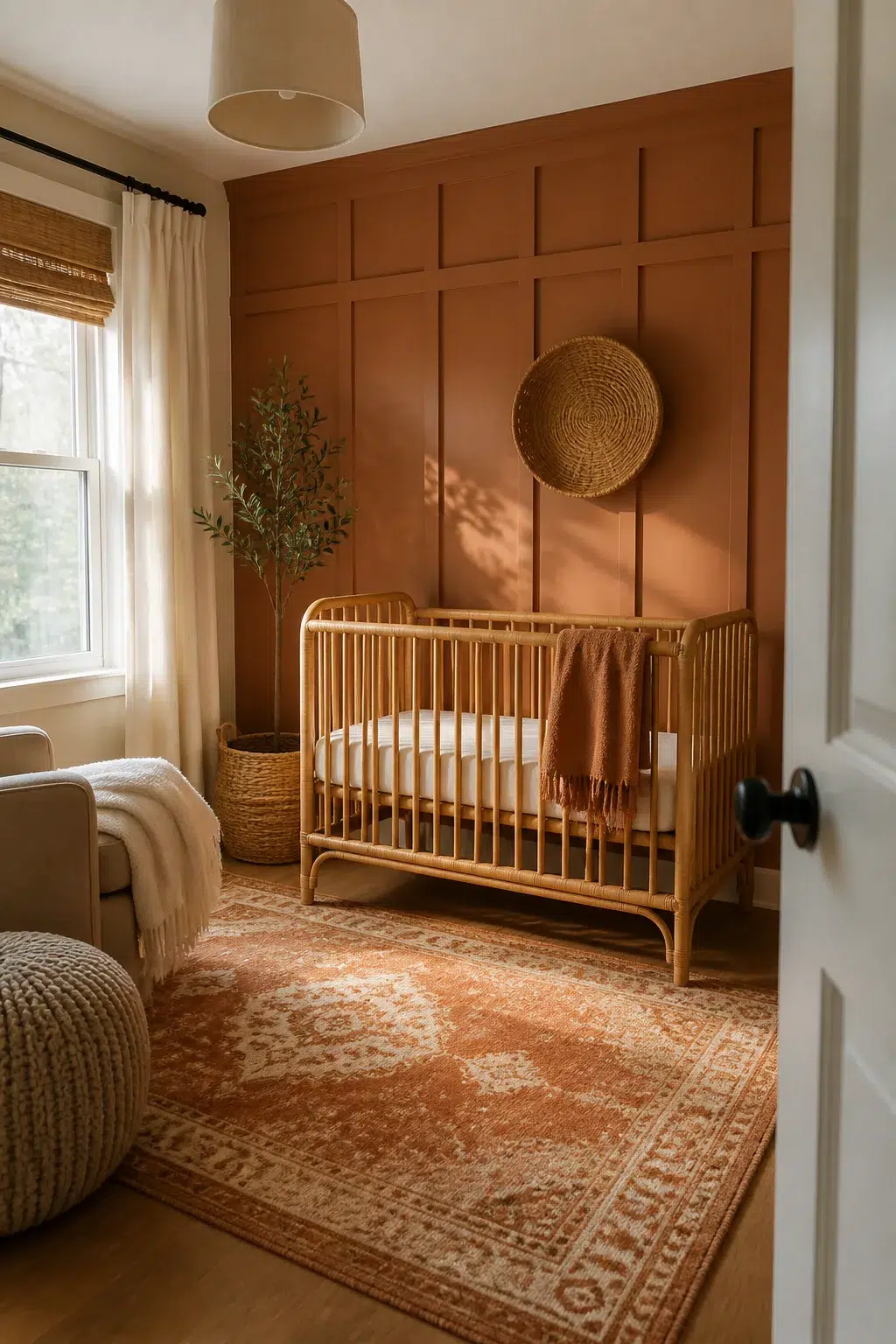Terracotta board and batten nursery wall with rattan crib, woven rug, and earthy warm tones.