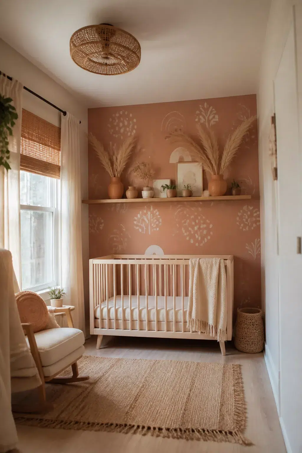 Boho accent wall nursery with dusty rose botanical wallpaper, pampas grass shelf display, and rattan pendant light.
