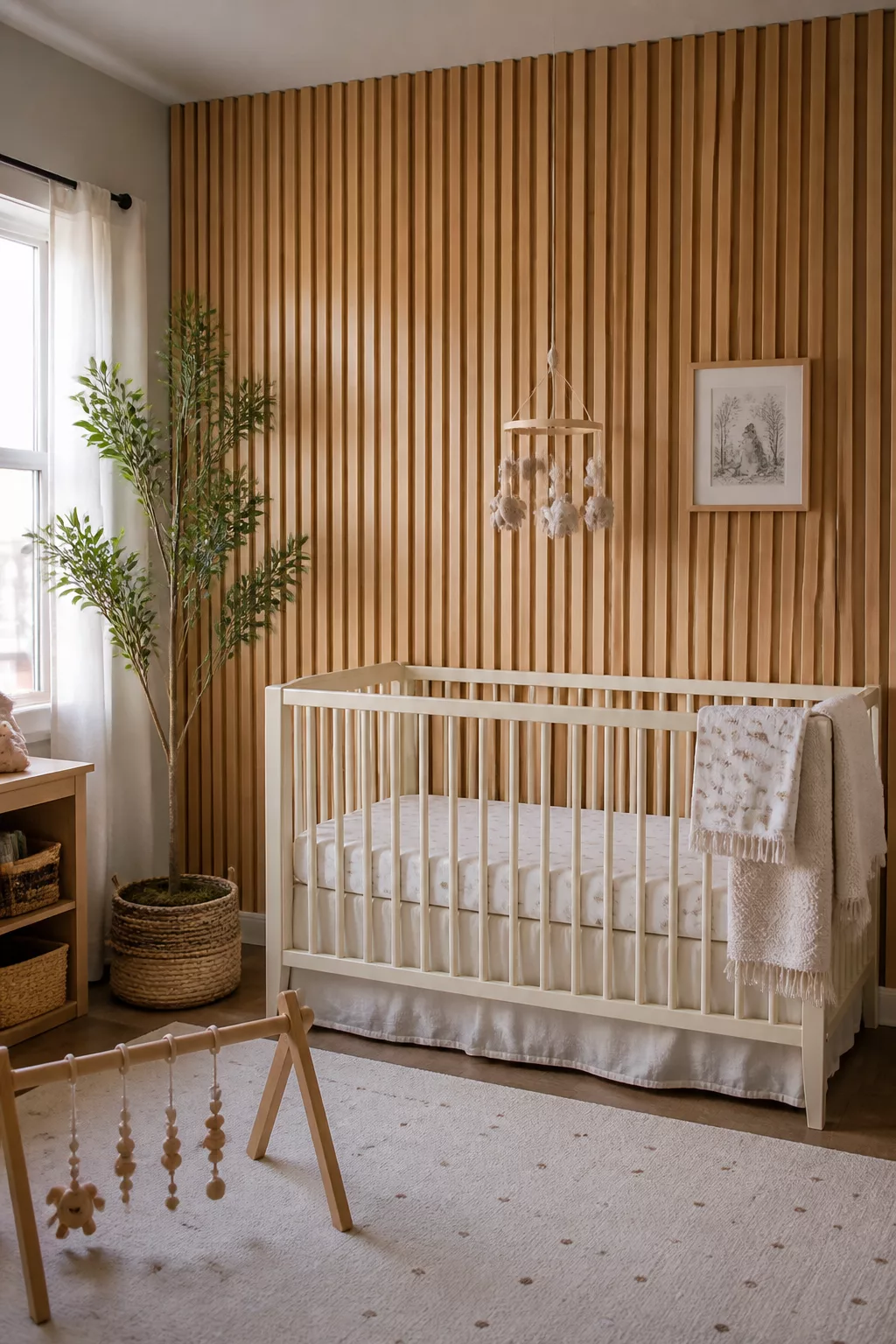 Warm oak vertical wood slat boho accent wall behind a cream crib in a neutral nursery — Boho Accent Walls For Nurseries