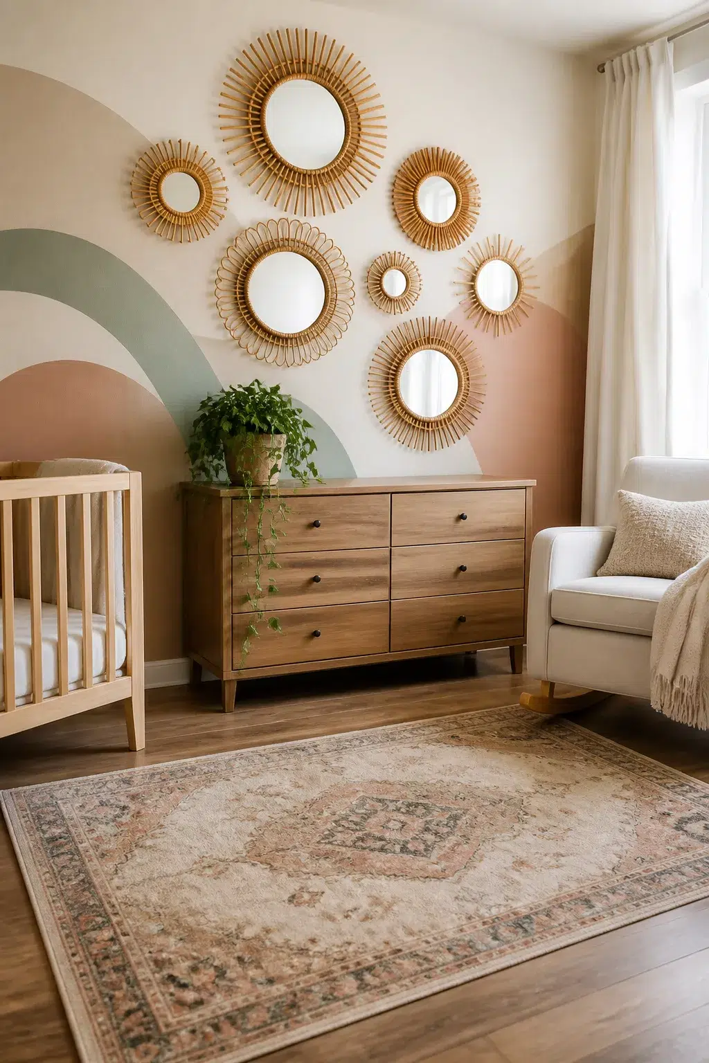 Boho accent wall nursery with rattan sunburst mirror cluster above a wood dresser and painted rainbow arc