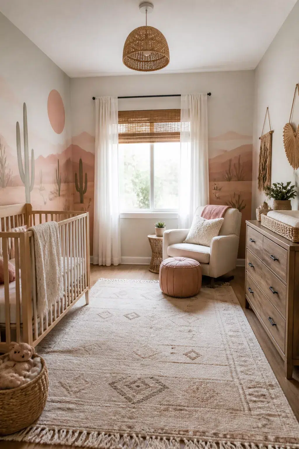 Boho accent wall nursery with a soft painted desert landscape mural in blush pink and sage tones