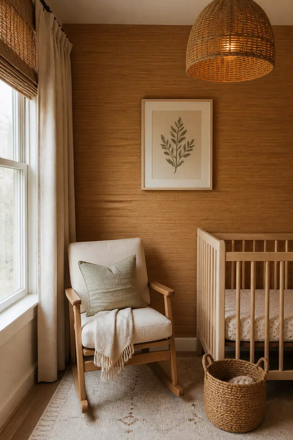 Warm amber grasscloth boho accent wall in a nursery with rattan light, wood crib, and rocker chair.