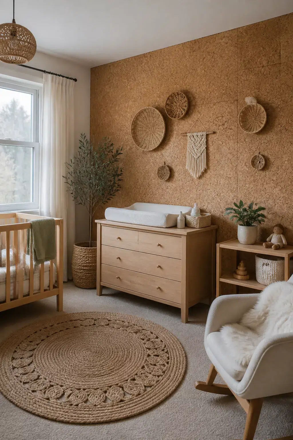 Boho accent wall for nursery with full cork sheet, woven wall plates, macramé, and light wood dresser