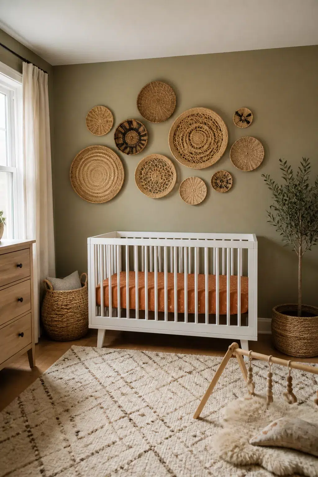 Woven basket gallery wall boho accent wall in a sage green nursery with white crib — Boho Accent Walls For Nurseries