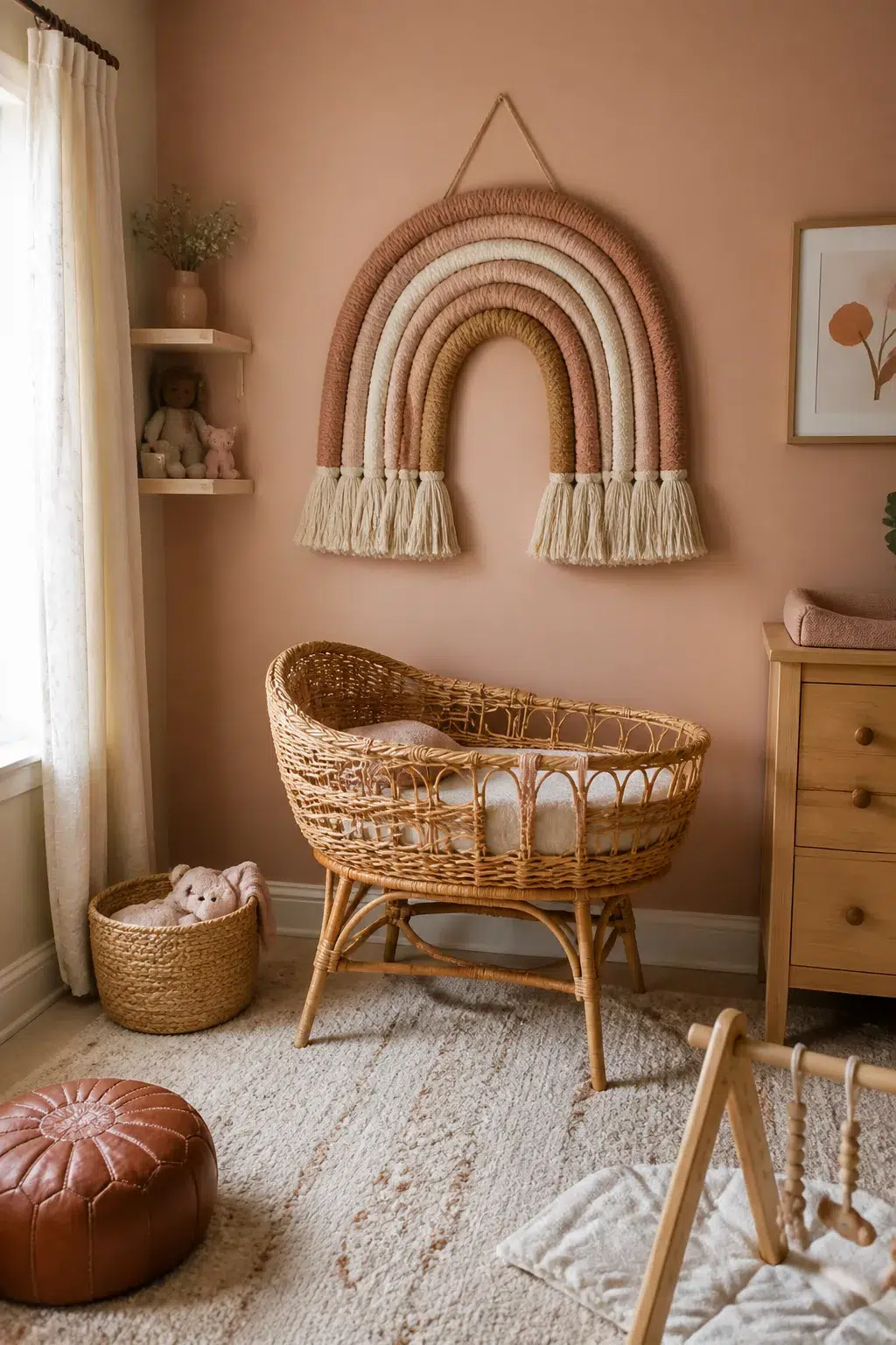 Boho accent wall nursery with a fiber rainbow arch wall hanging above a rattan bassinet and blush walls.