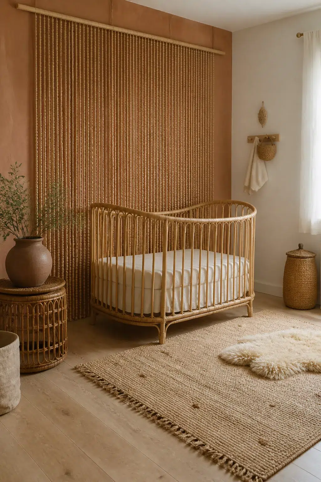 Bamboo bead curtain boho accent wall behind a rattan crib — boho accent walls for nurseries