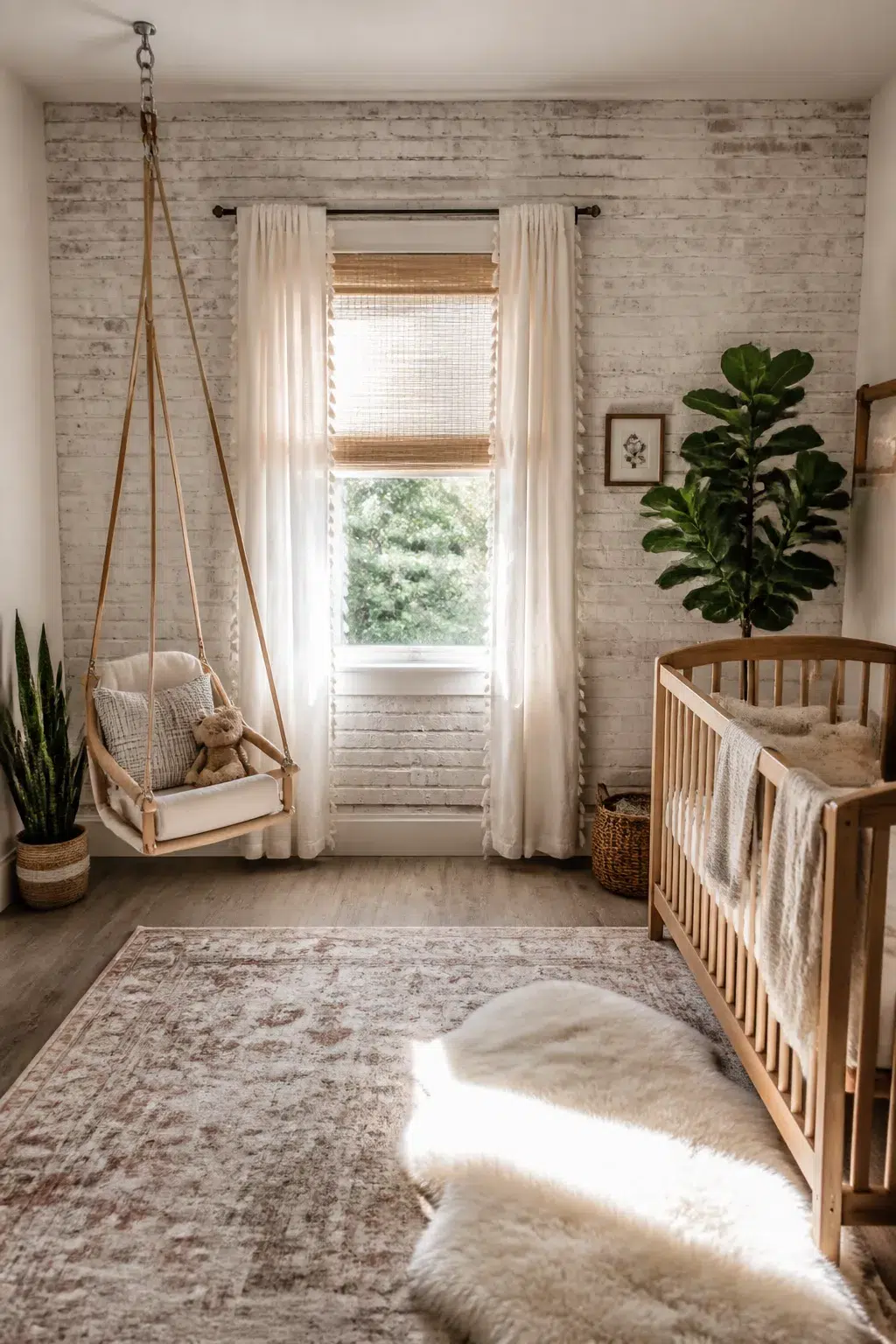 Whitewashed brick boho accent wall in a nursery with wood crib, rope swing, and layered natural textures.