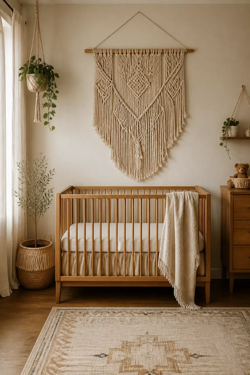 Knotted cream macramé boho accent wall above a wood crib in a neutral nursery — Boho Accent Walls For Nurseries