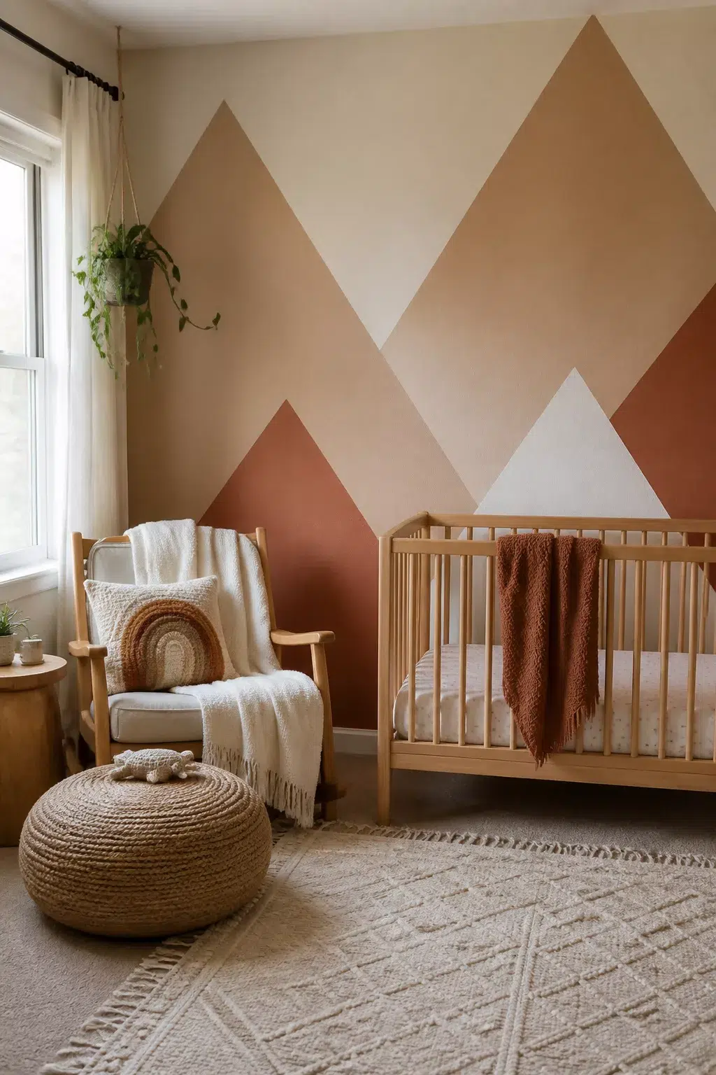 Boho accent wall nursery with painted multi-tone triangle mountain pattern in cream, sand, and rust tones.