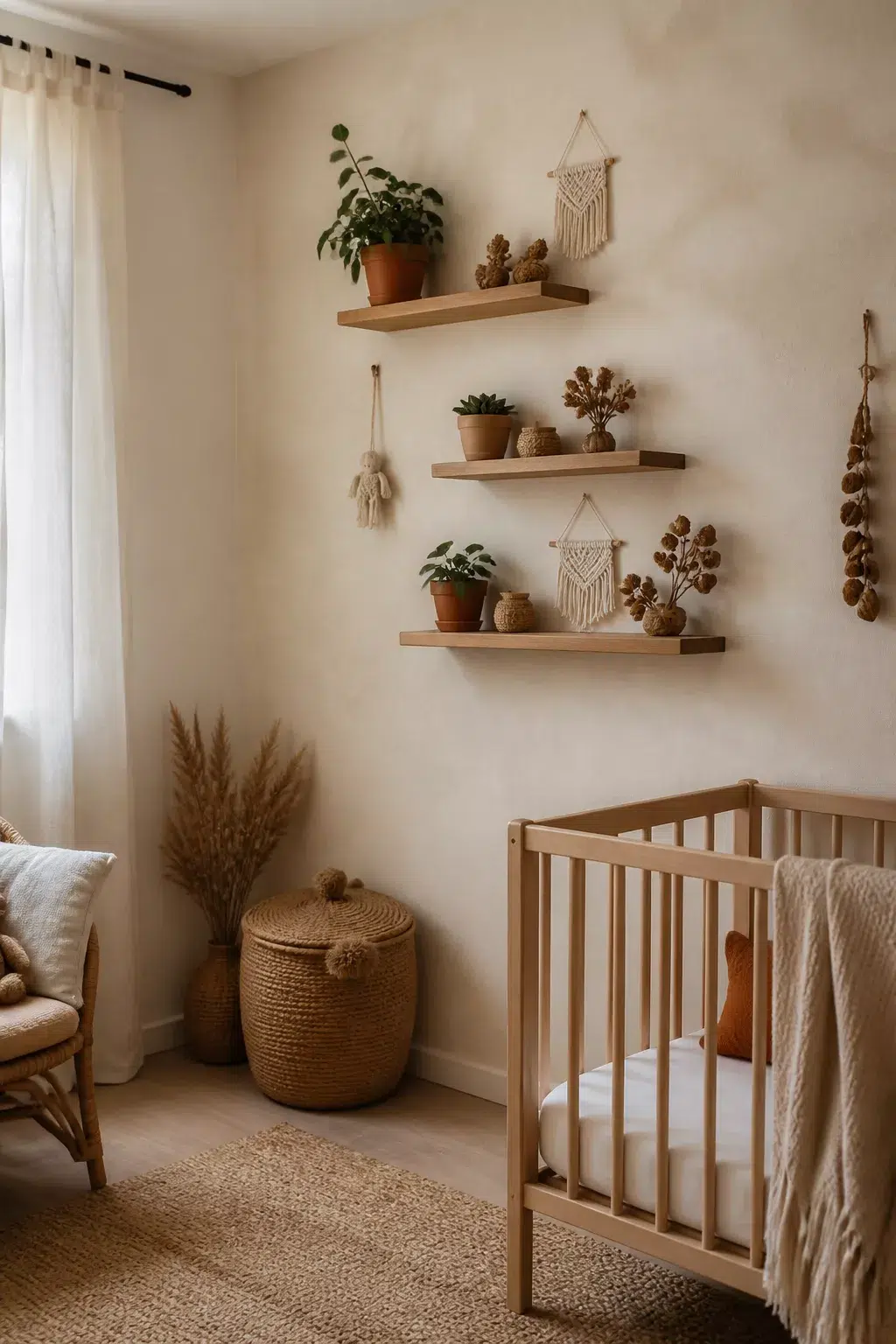 Boho accent wall for nurseries with staggered floating wood shelves, terracotta pots, and woven decor vignettes.