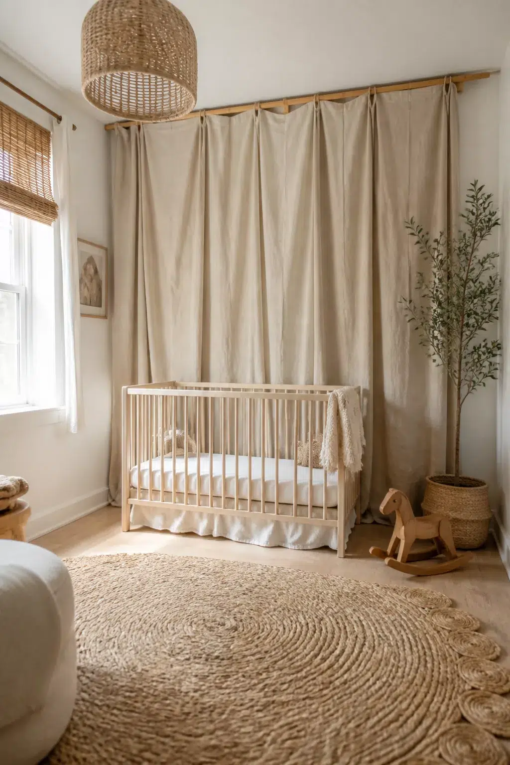 Natural linen draped panel boho accent wall in a neutral nursery with wood crib and jute rug — Boho Accent Walls For Nurseries