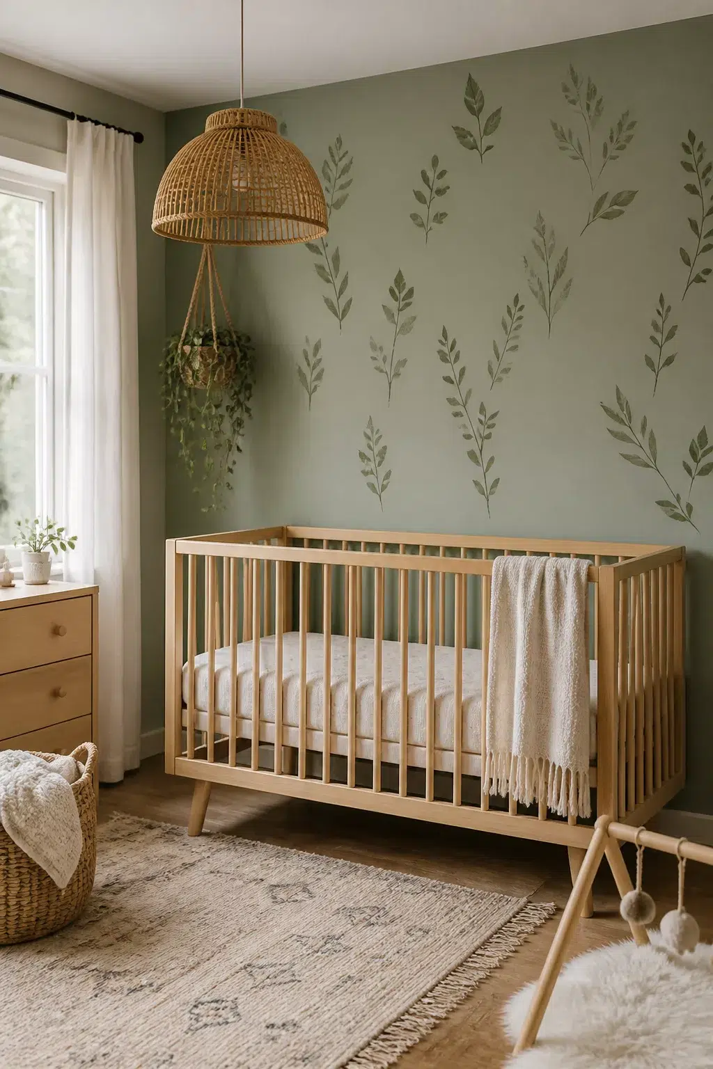 Boho accent wall for nurseries with sage green paint and botanical leaf stamps, natural wood crib and rattan pendant light.