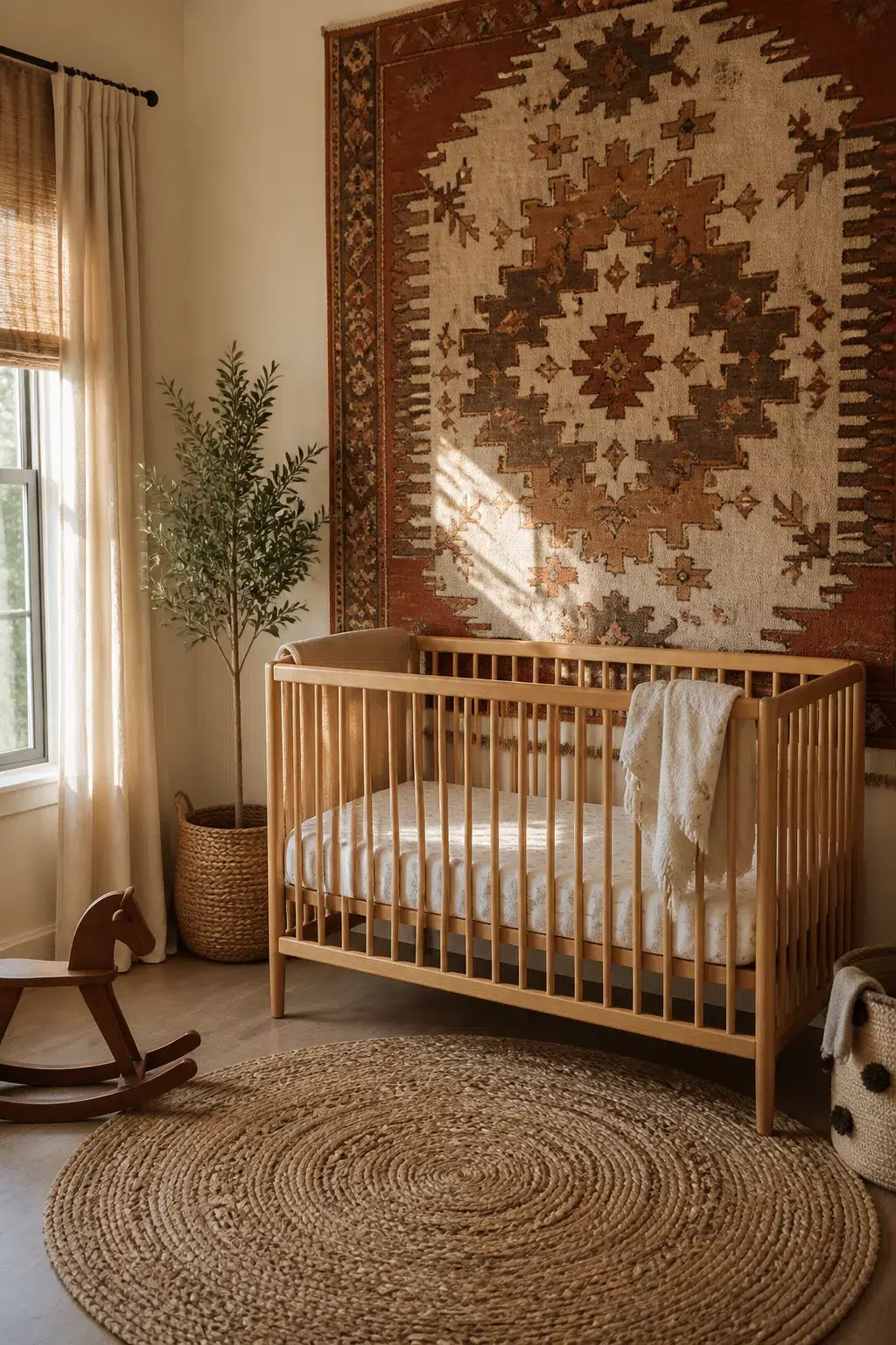 Boho accent wall for nursery with vintage kilim rug hung above a natural wood crib and jute rug.
