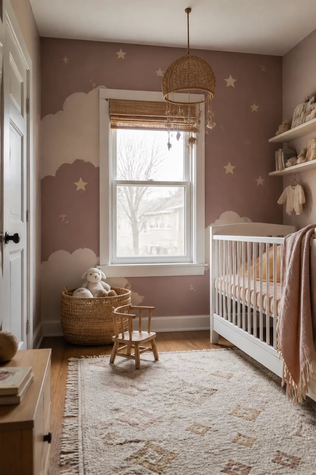 Dusty mauve boho accent wall with painted clouds and stars in a cozy nursery — boho accent walls for nurseries