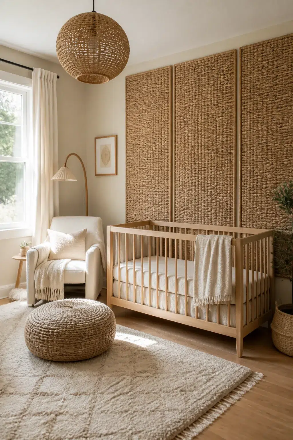 Boho accent wall nursery with seagrass woven panels, rattan pendant, and natural wood crib.