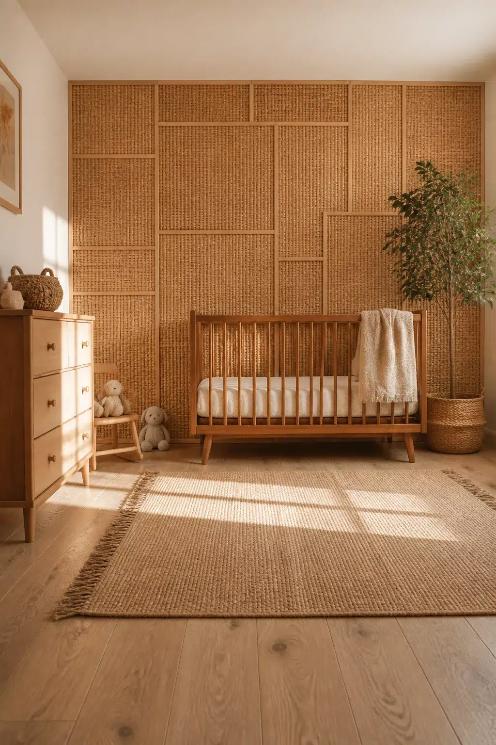 Boho accent wall for nursery using cork tile patchwork grid behind a wood crib with jute rug and natural decor