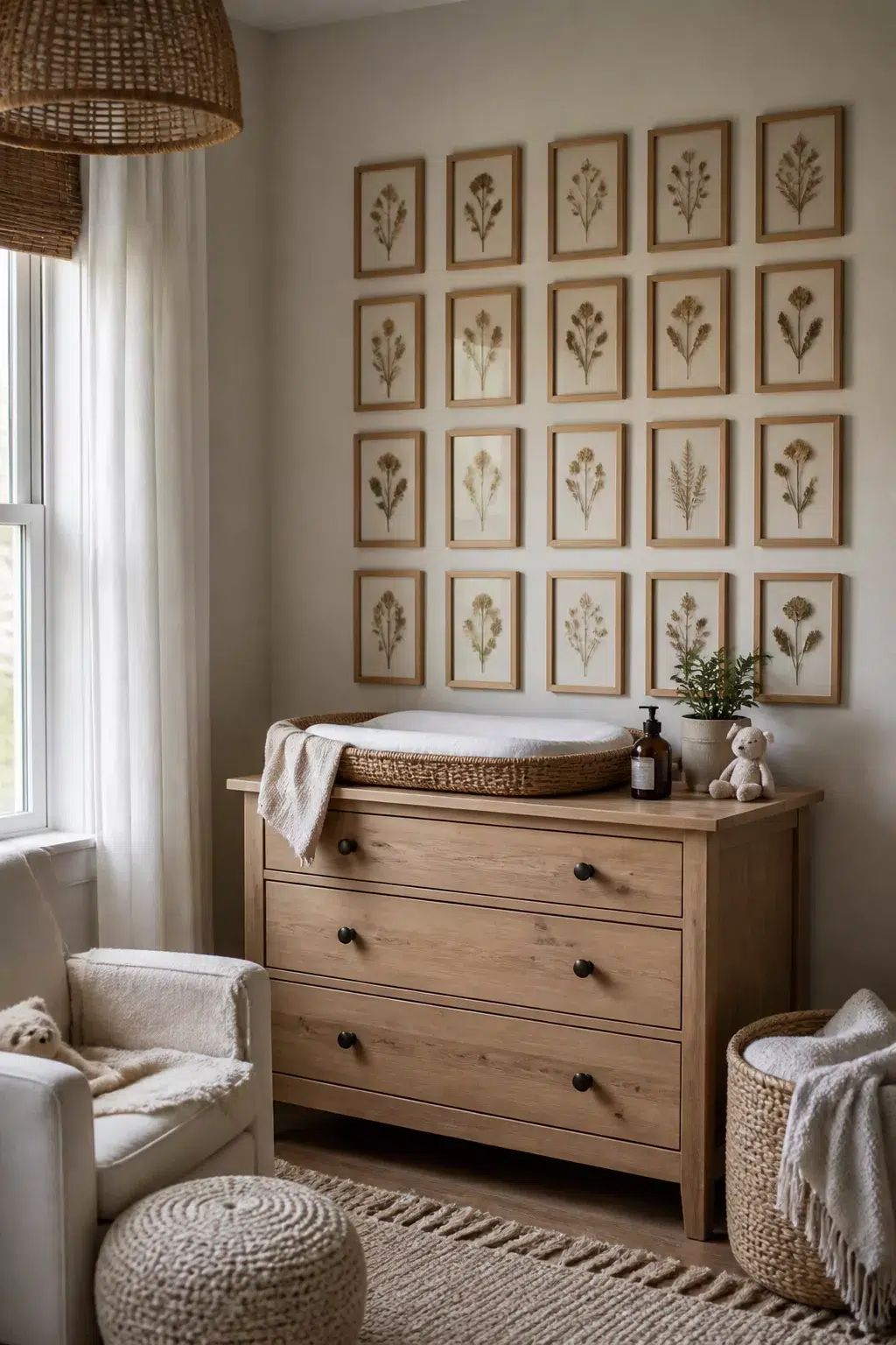 Boho accent wall nursery with a grid of 16 small framed botanical prints above a natural wood dresser.