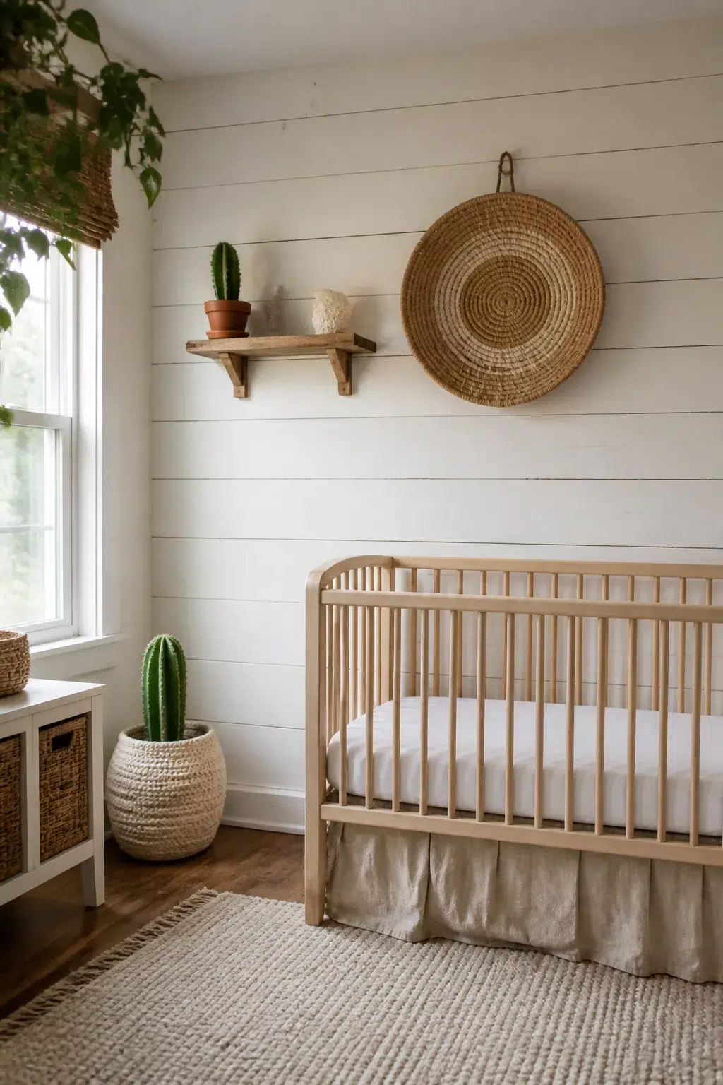 Warm white shiplap accent wall in a boho nursery with a wood crib and woven rattan decor.
