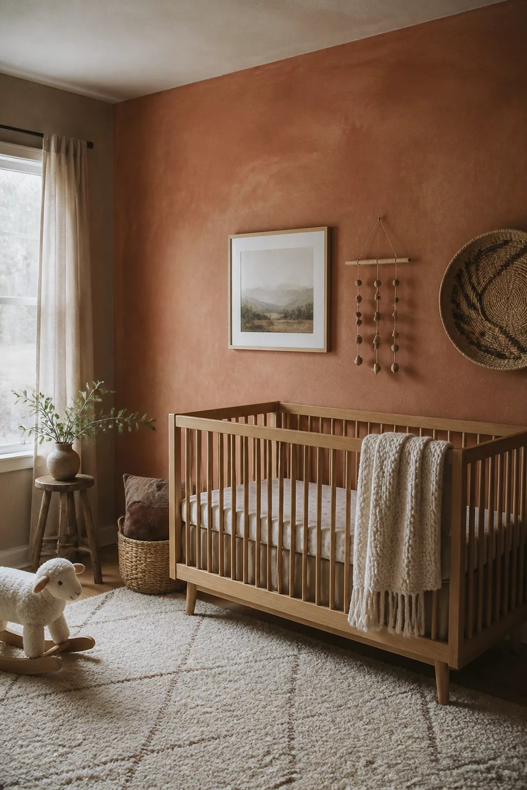 Clay limewash boho accent wall in a nursery with a wood crib and chunky rug — Boho Accent Walls For Nurseries