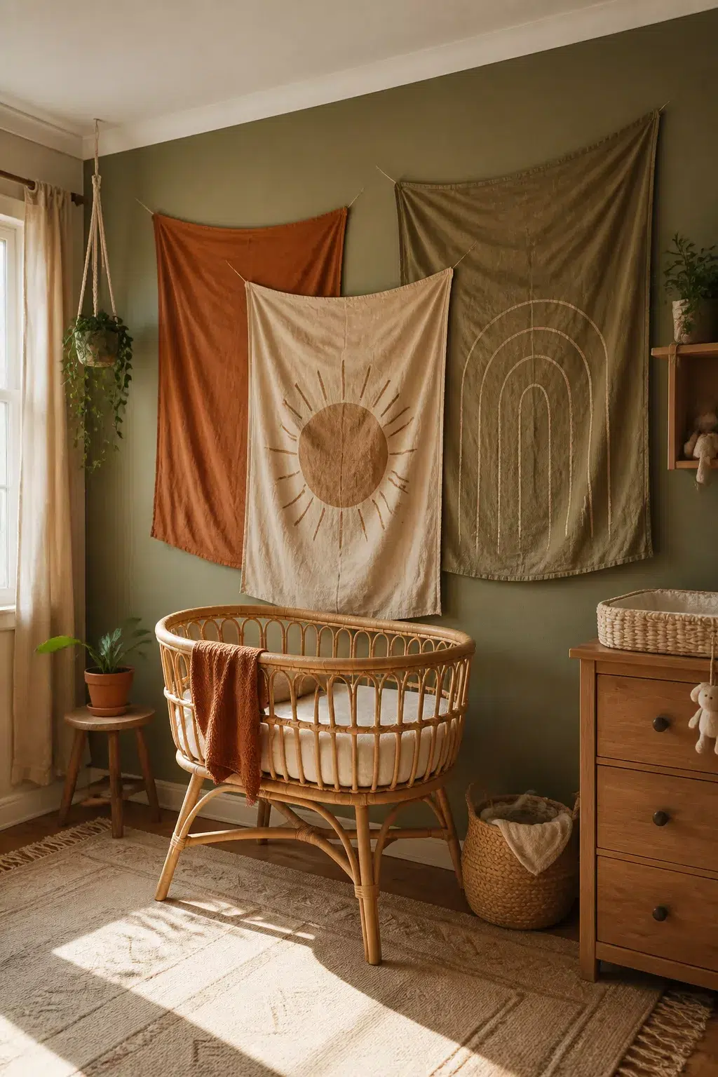 Boho accent wall for nurseries with layered tapestries on sage green wall above a rattan bassinet