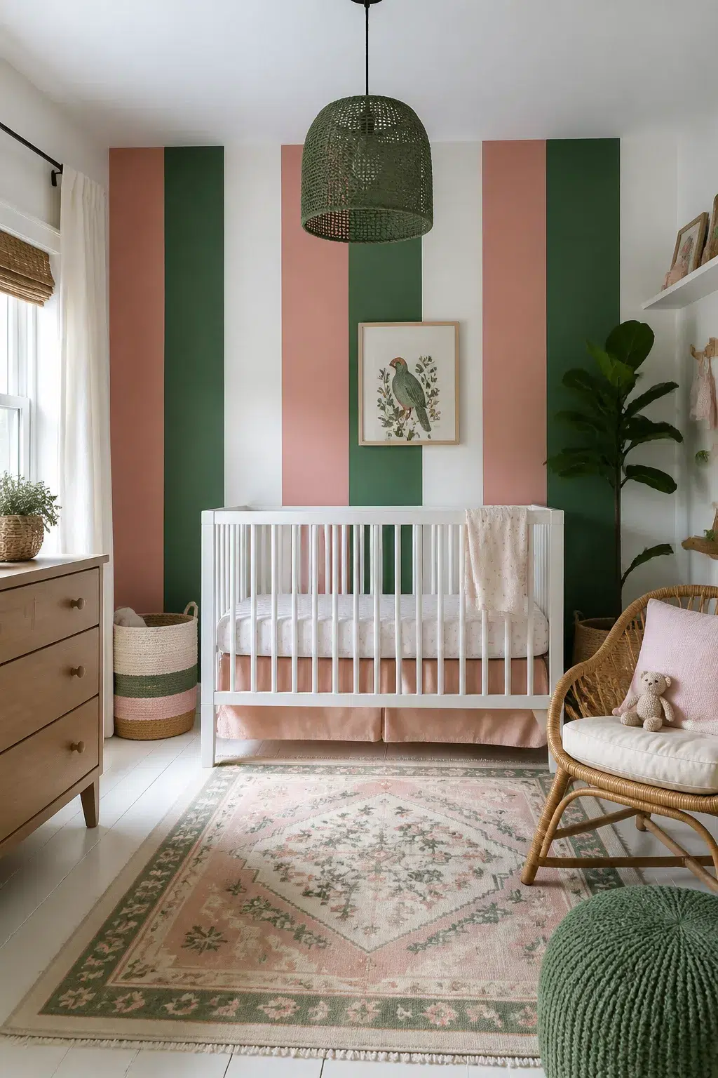 Colorful nursery ideas featuring bold pink and green vertical stripes on accent wall with white crib and rattan decor