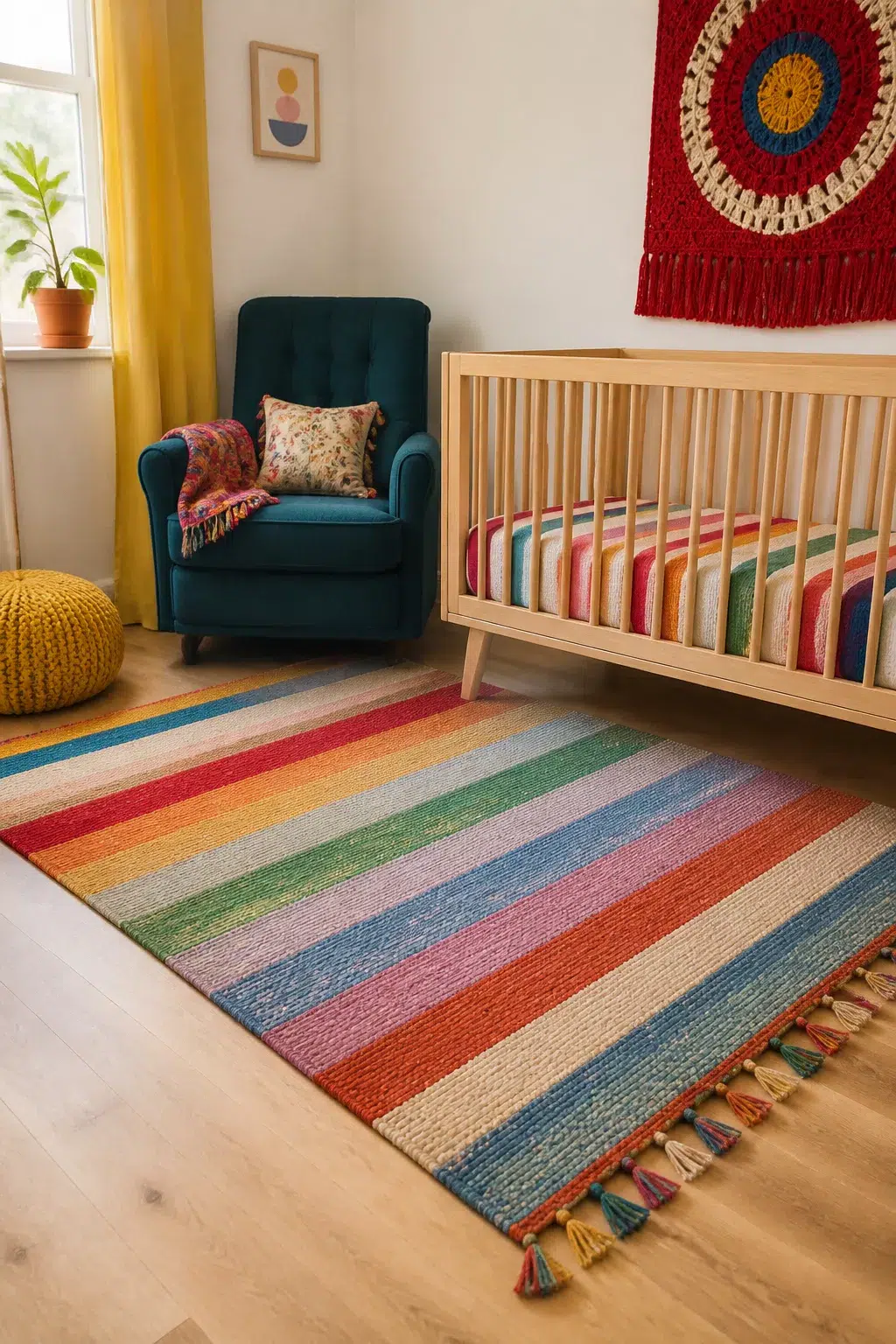Colorful nursery ideas with a rainbow striped tassel rug, teal armchair, and natural wood crib