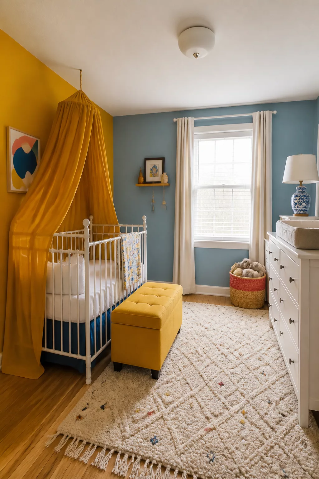Colorful nursery ideas featuring sky blue walls, mustard yellow canopy over white iron crib, and tufted ottoman.