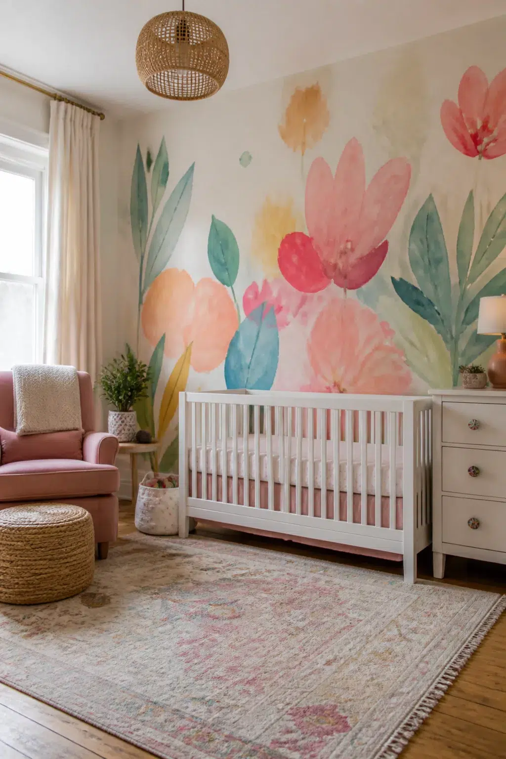 Colorful nursery ideas featuring a watercolor floral mural, white crib, pink rocker, and woven pendant light.