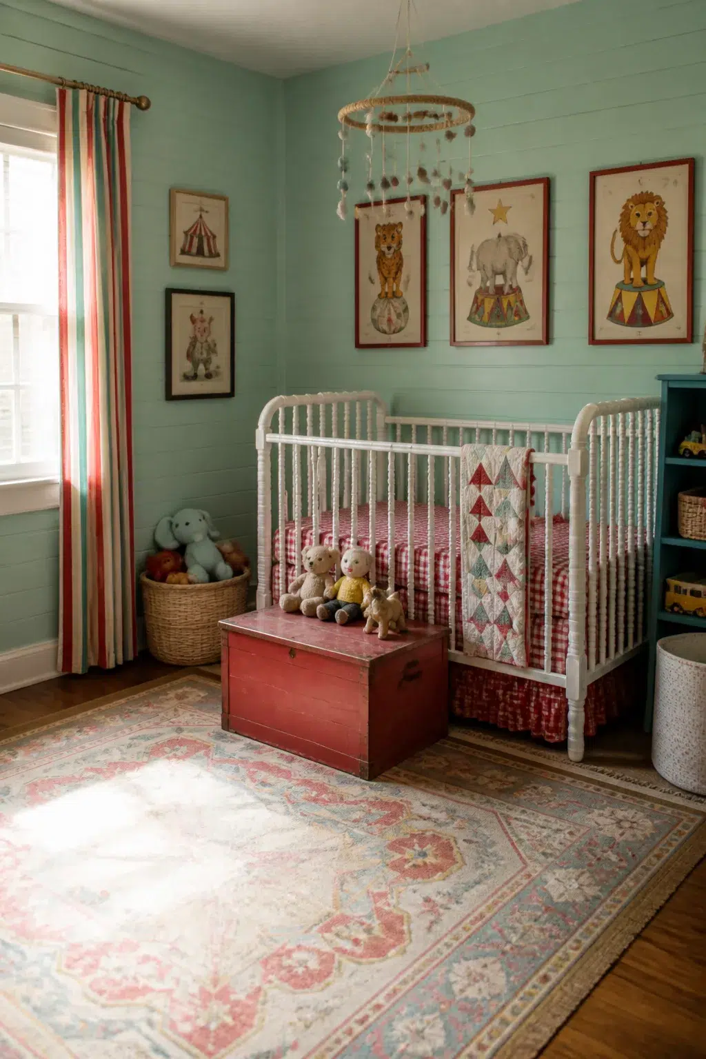 Colorful nursery ideas with mint shiplap walls, red toy chest, circus art prints, and gingham crib bedding.