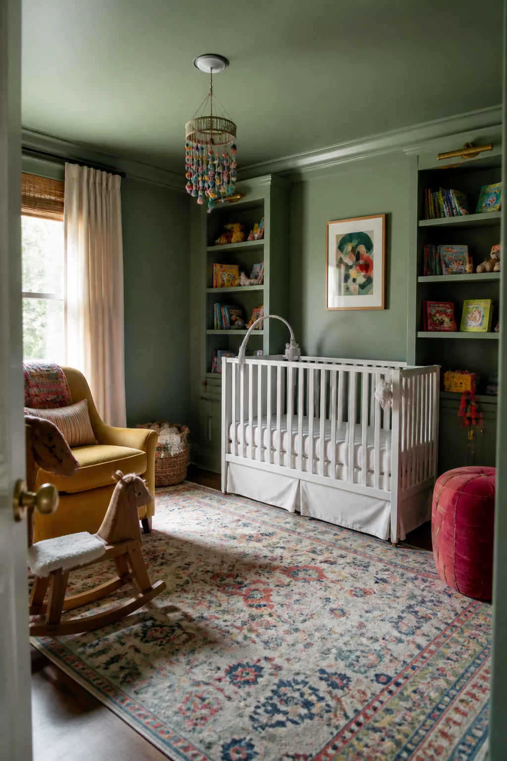 Colorful nursery ideas with sage green walls, tassel chandelier, mustard glider, and vintage-style rug