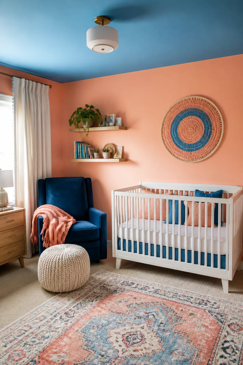 Colorful nursery ideas with peach walls, blue painted ceiling, navy velvet glider, and woven wall medallion.
