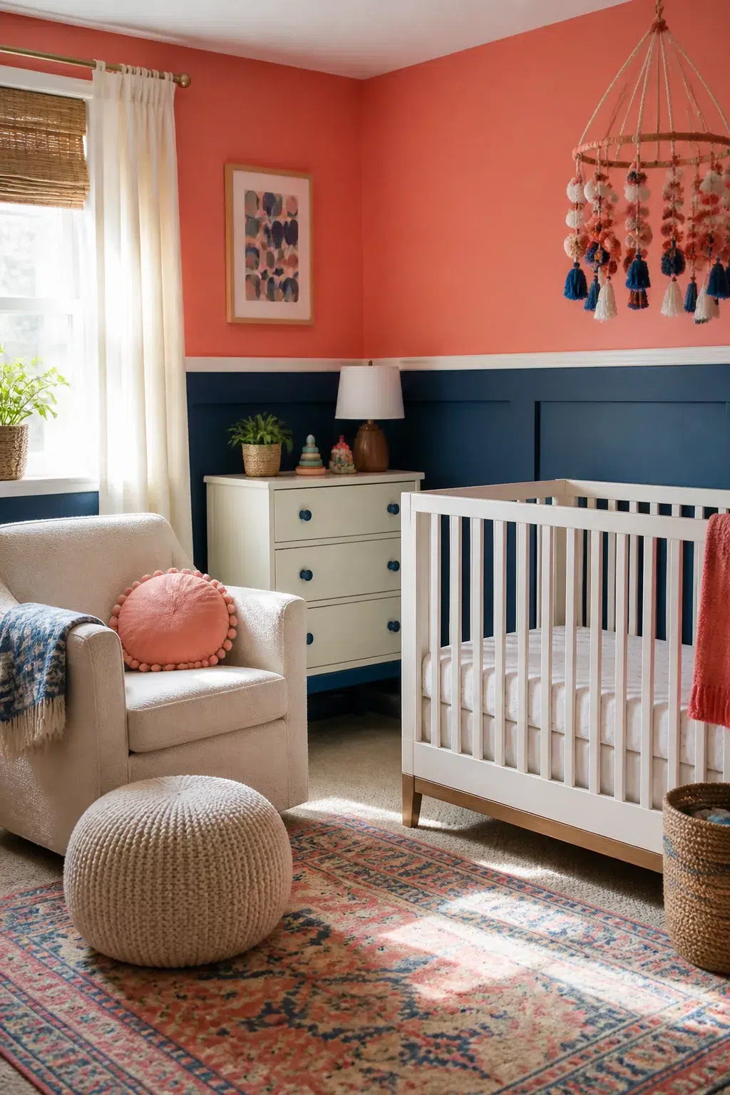 Colorful nursery ideas featuring coral walls, navy wainscoting, white crib, and a tassel mobile