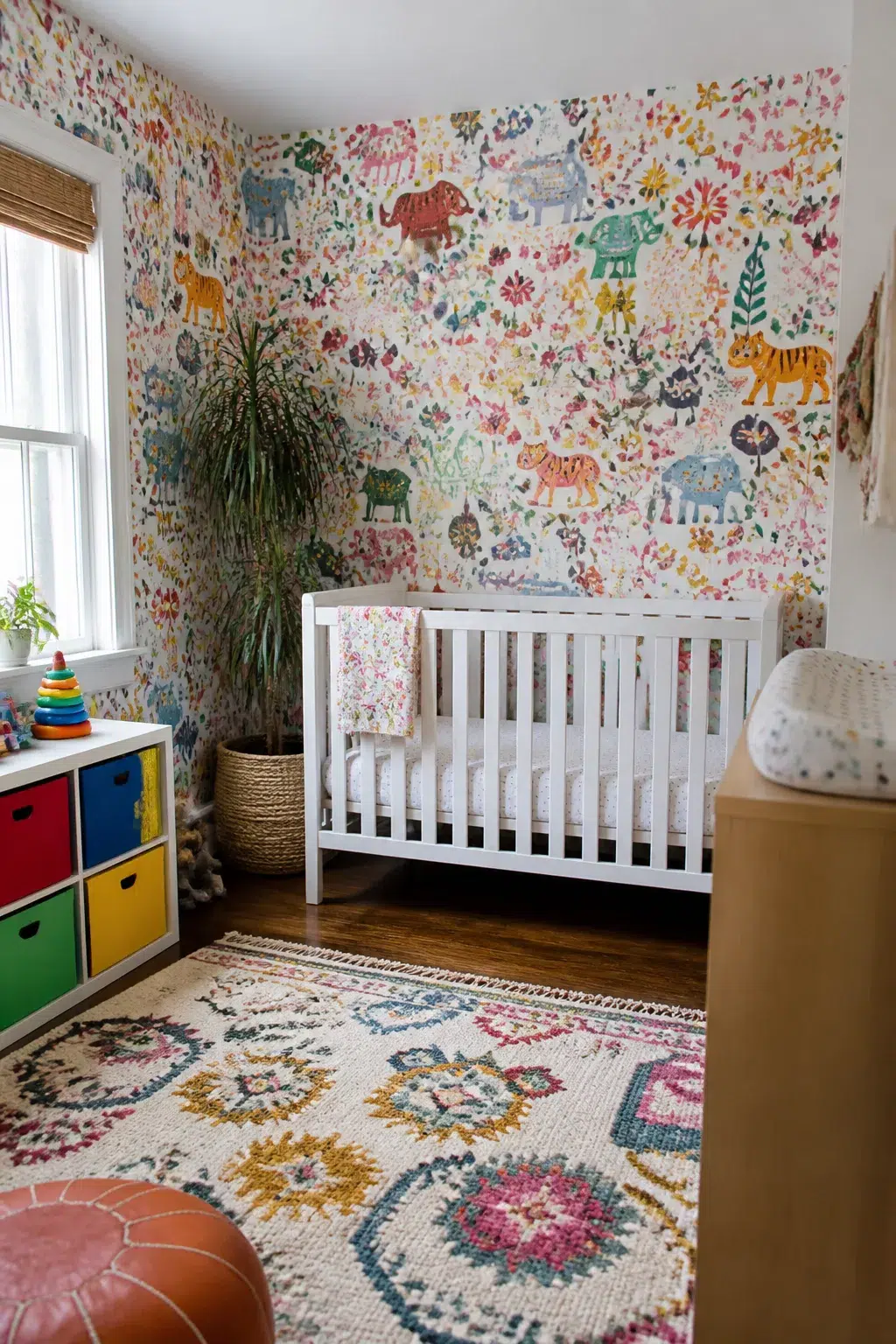 Colorful nursery ideas with whimsical animal print wallpaper, white crib, boho rug, and bright toy storage bins.