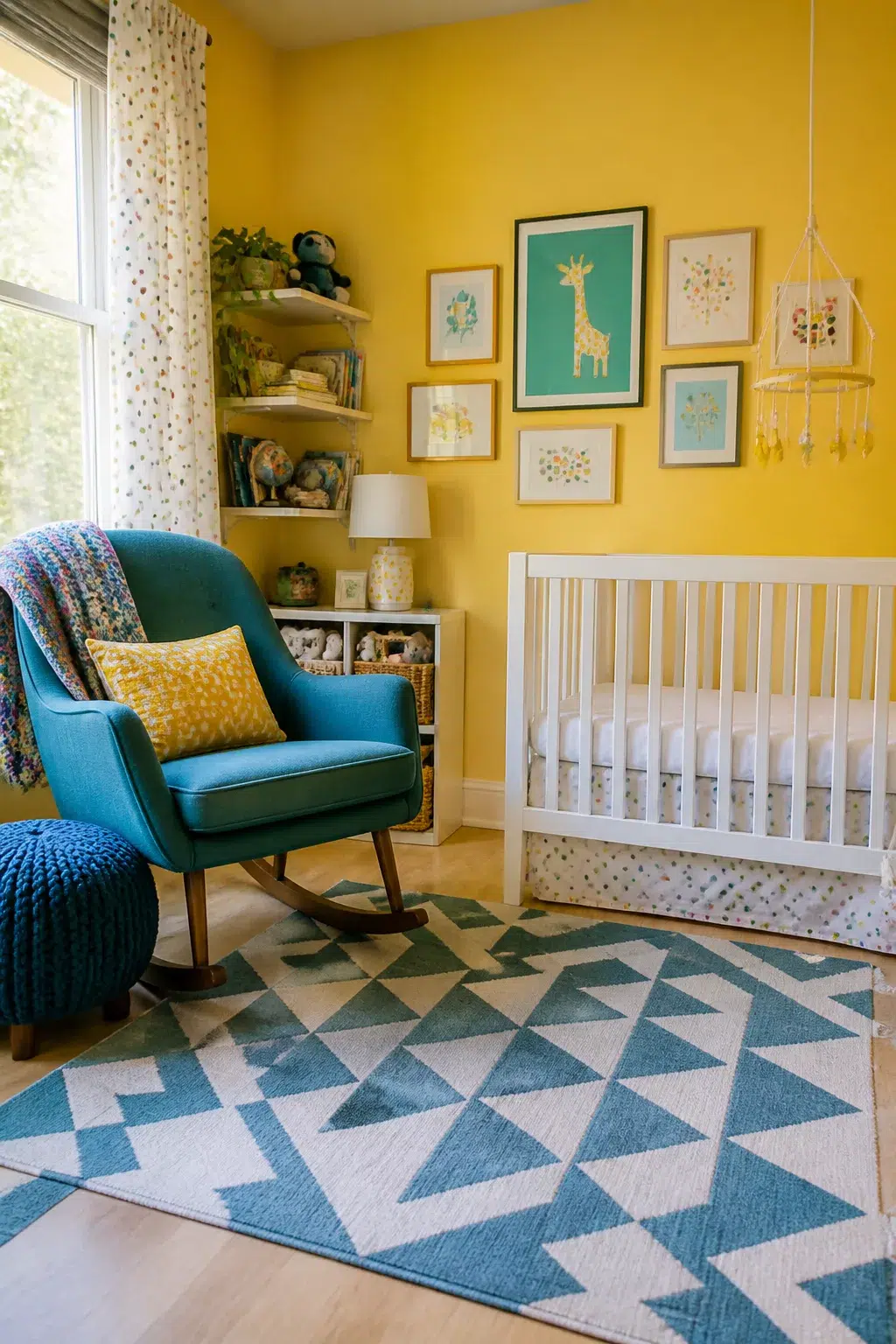 Colorful nursery ideas featuring sunshine yellow walls, teal rocking chair, geometric rug, and gallery wall with giraffe art.