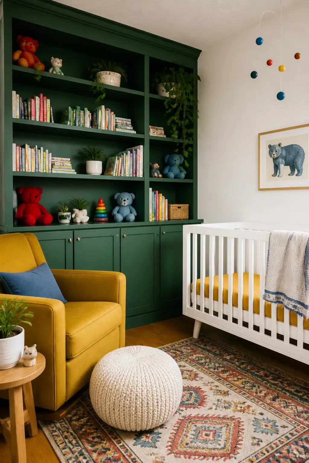 Colorful nursery ideas with deep green built-in shelving, mustard glider, and vibrant toys and books.