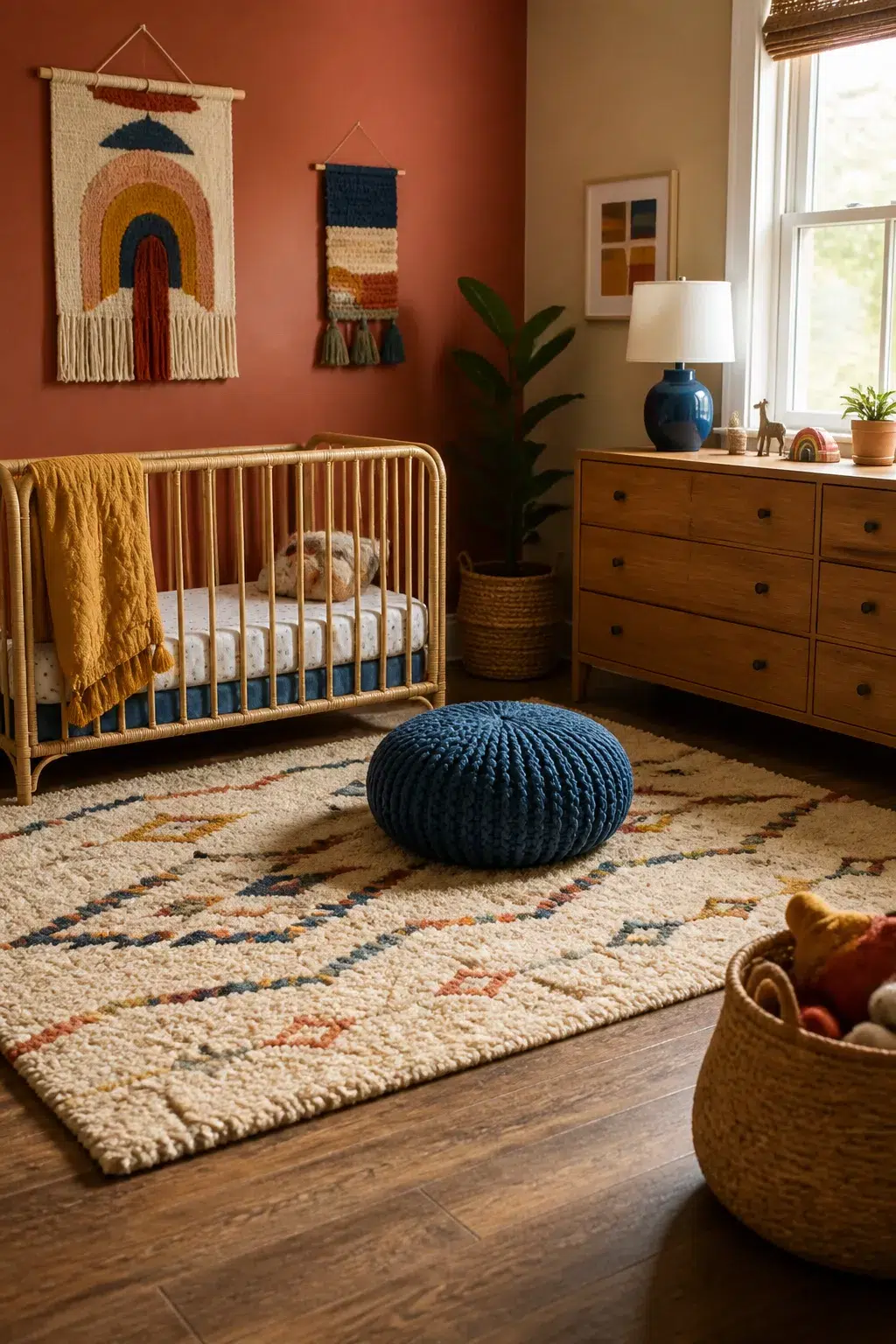 Colorful nursery idea with terracotta walls, rattan crib, cobalt blue accents, and a shaggy boho rug.