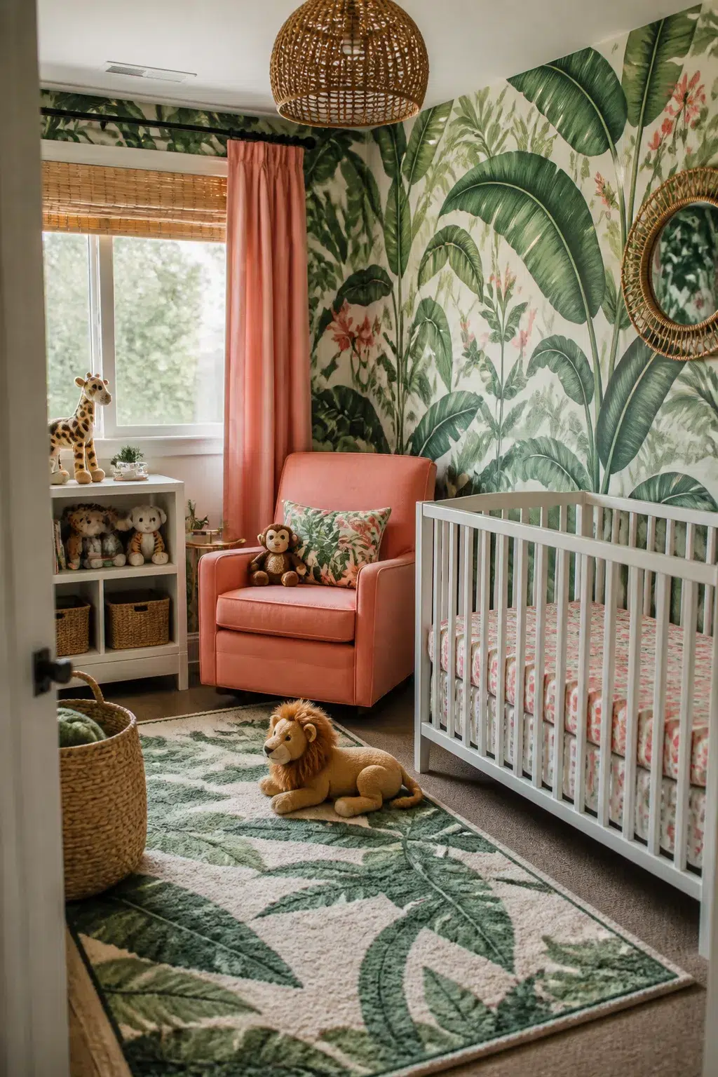 Colorful nursery ideas with tropical leaf wallpaper, coral glider, white crib, and rattan accents.