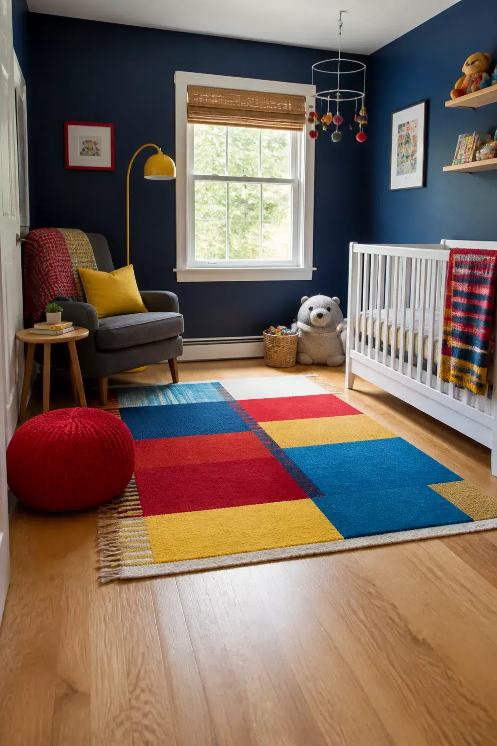 Colorful nursery ideas with navy walls, a primary color block rug, white crib, and mustard floor lamp.