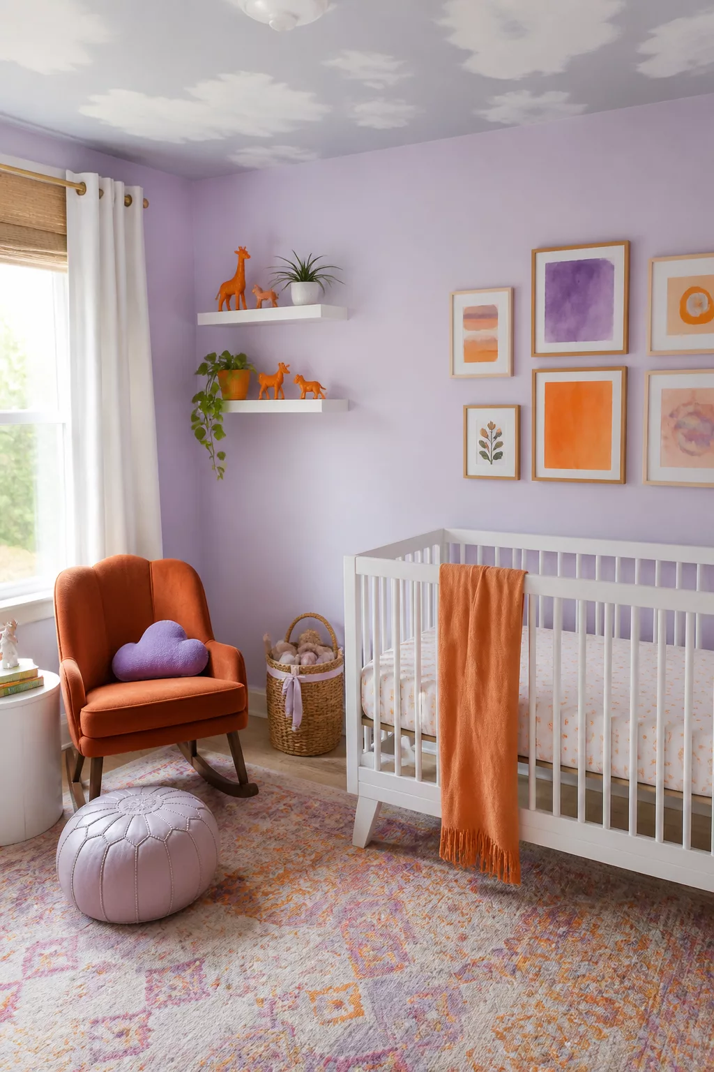 Colorful nursery ideas with lilac walls, orange velvet rocking chair, gallery wall, and patterned rug