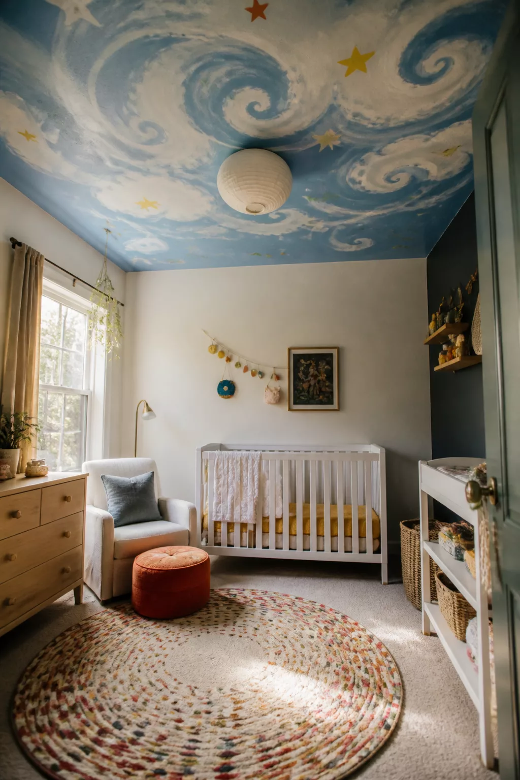 Colorful nursery idea with blue swirl painted ceiling, gold stars, white crib, and round braided rug.