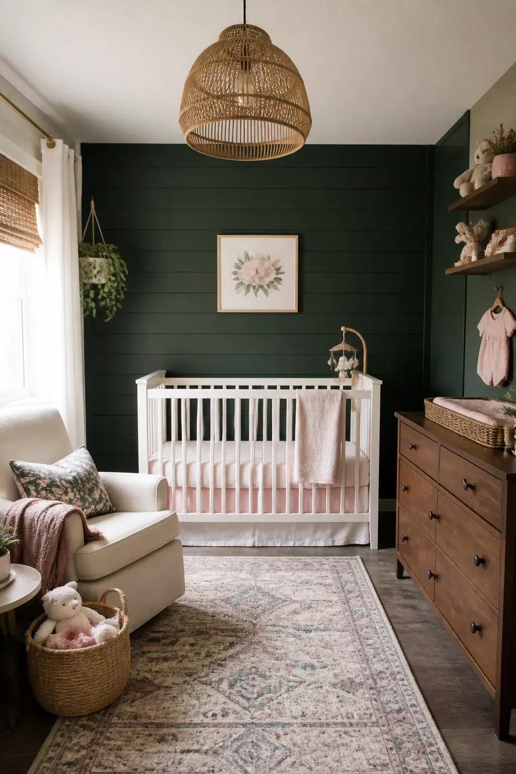 Dark green shiplap accent wall in a baby girl nursery with white crib, pink bedding, and walnut dresser — dark green baby girl nursery ideas