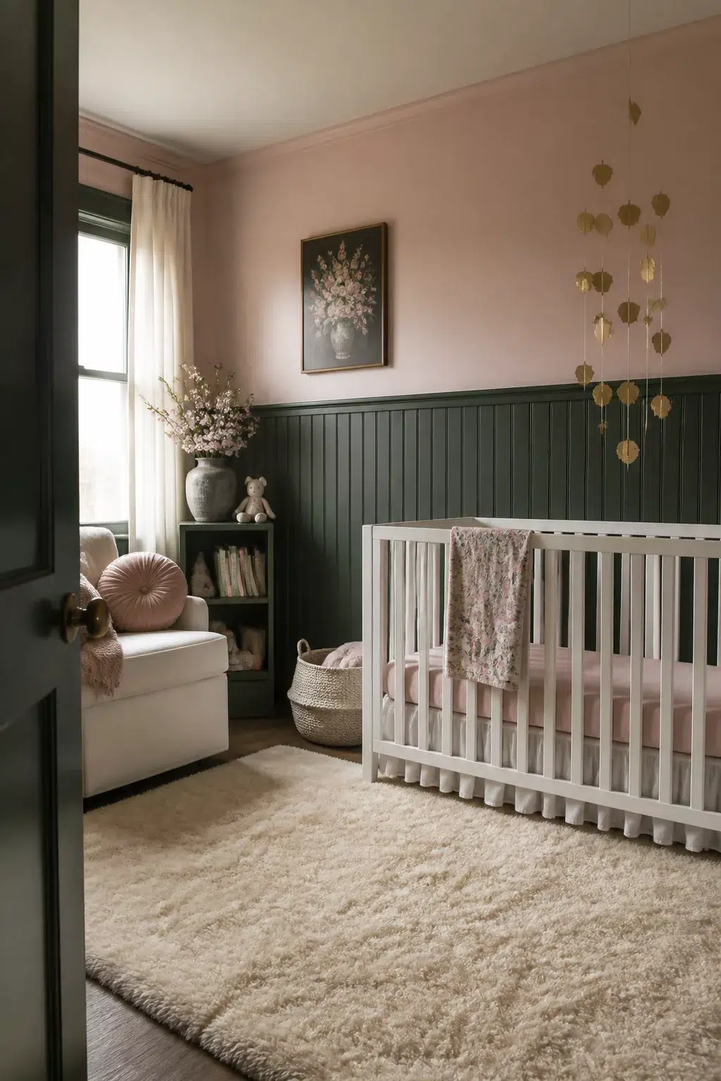 Dark green baby girl nursery ideas with beadboard wainscoting, blush pink upper walls, white crib, and gold mobile.