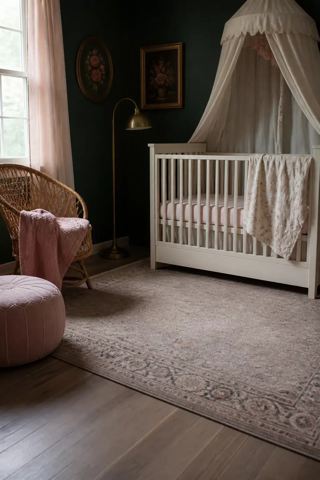 Dark green baby girl nursery with brass floor lamp, vintage floral art, white crib, and rattan chair