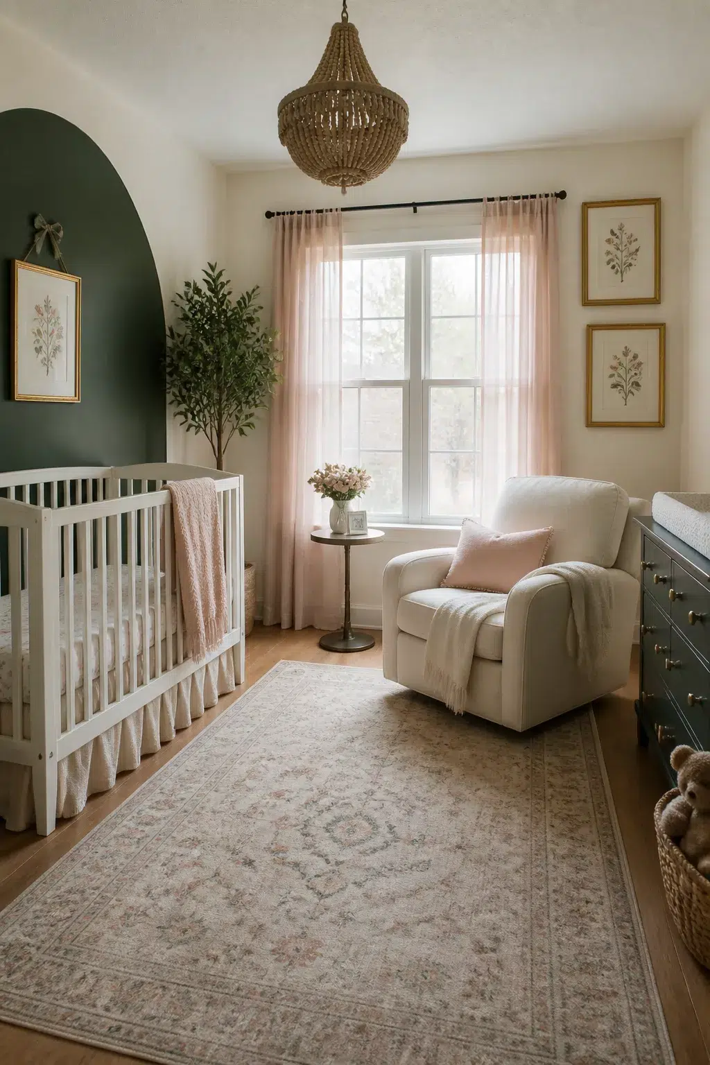 Dark green painted arch nursery with beaded chandelier and white crib — dark green baby girl nursery ideas
