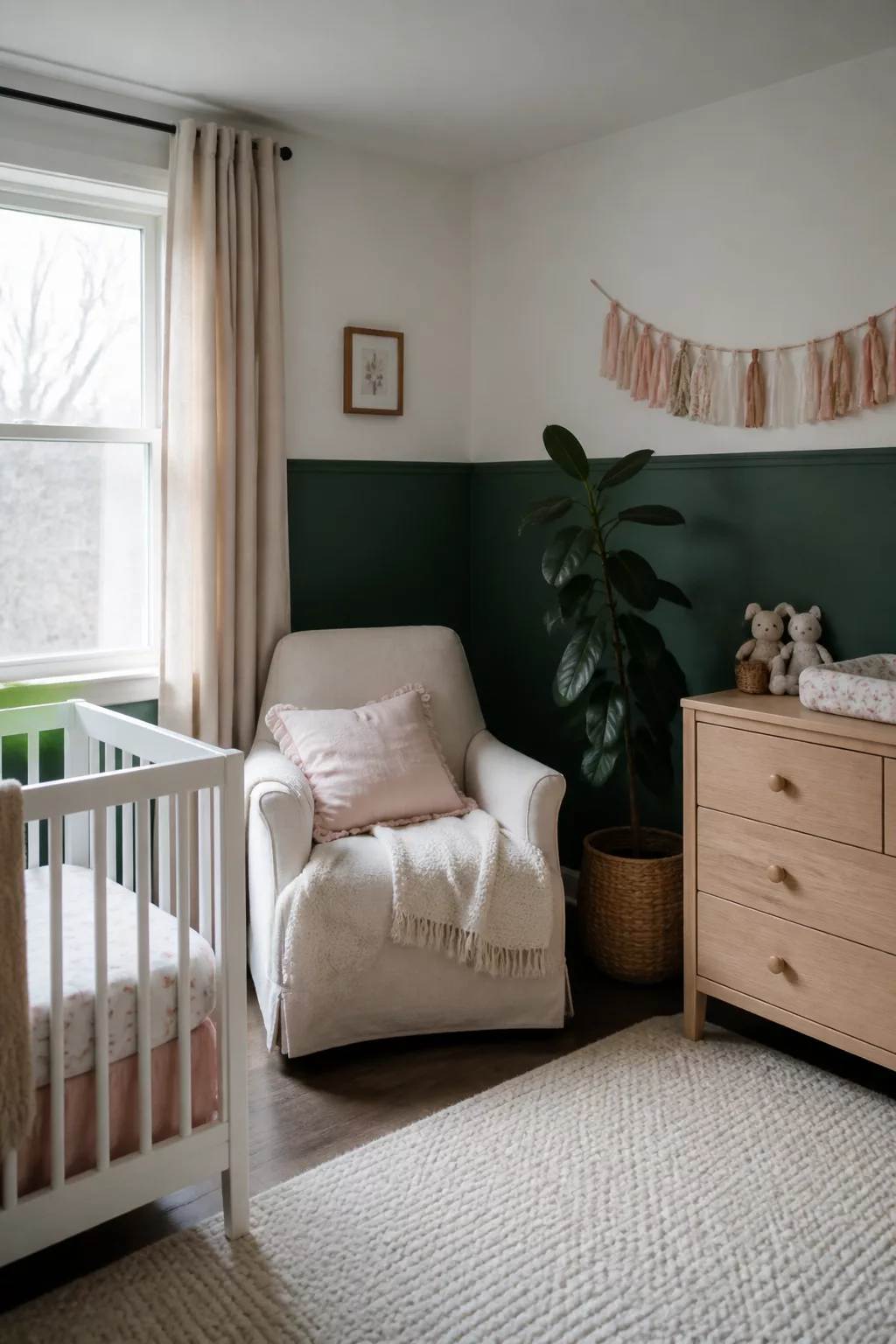 Dark green half-wall nursery with natural wood dresser and cream glider — dark green baby girl nursery ideas