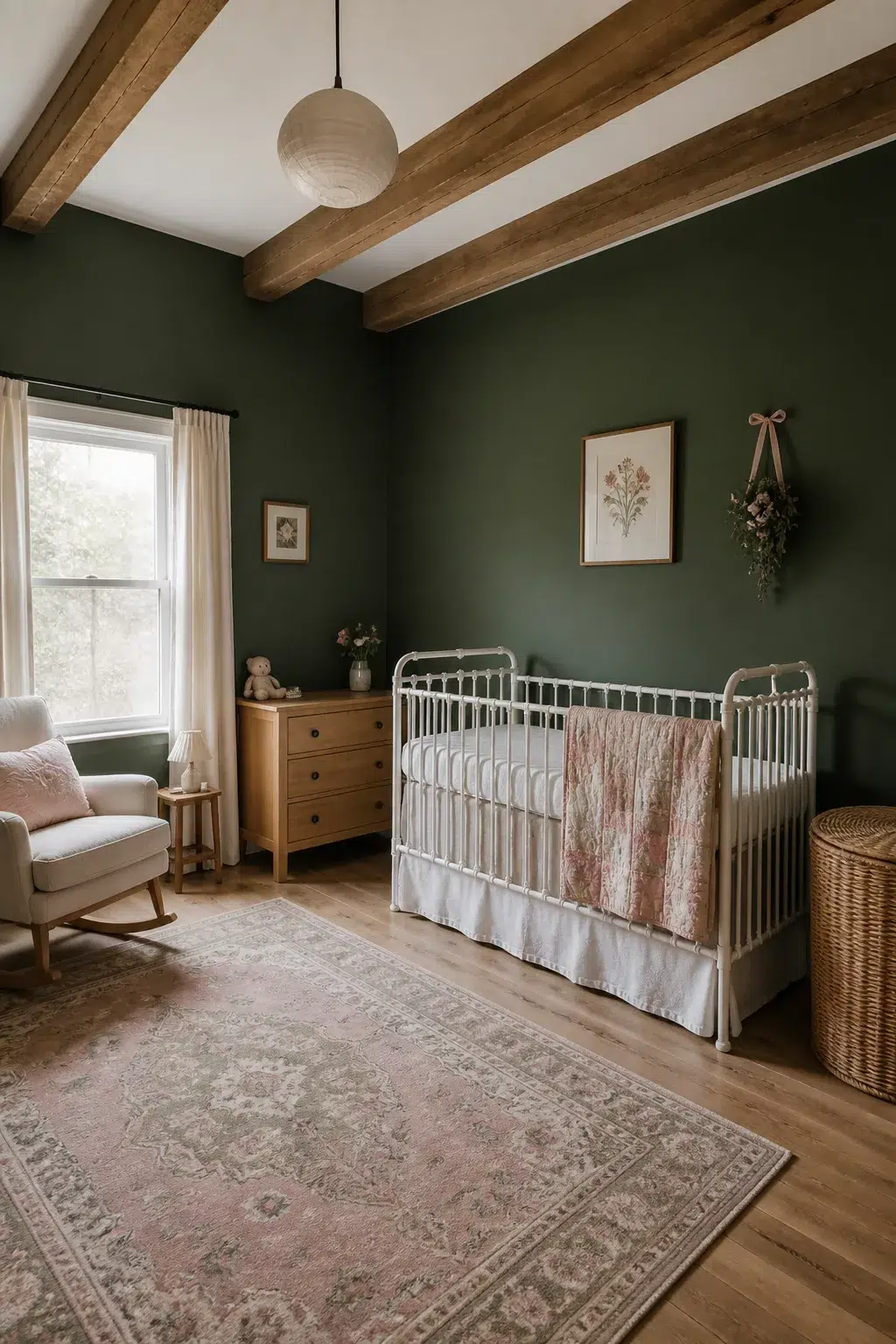 Dark green baby girl nursery ideas with exposed wood ceiling beams, white iron crib, and pink vintage rug.