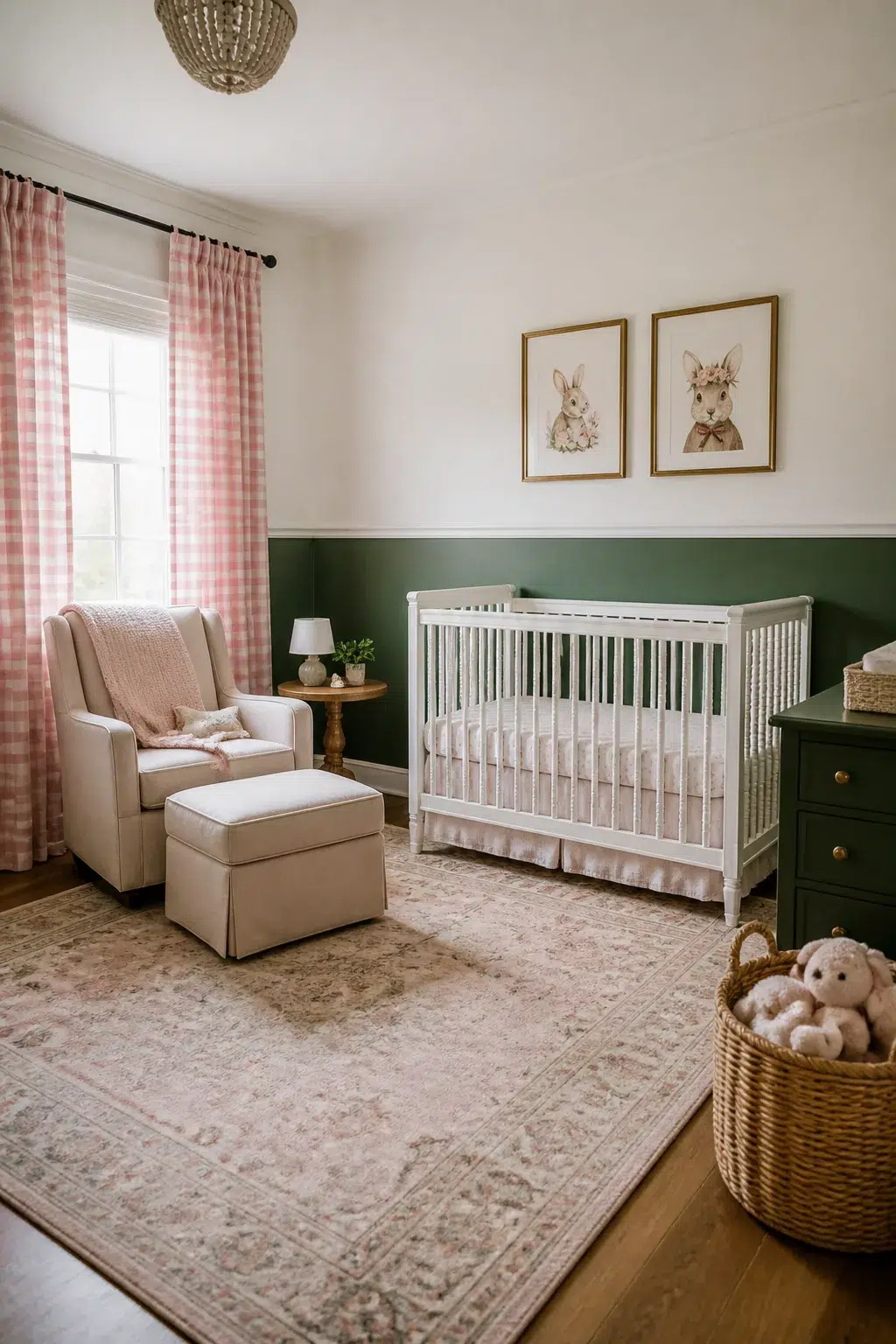 Dark green two-tone painted walls with white chair rail in a baby girl nursery with pink gingham curtains