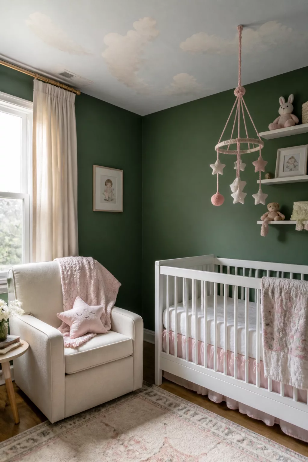 Dark green baby girl nursery ideas with cloud ceiling mural, star mobile, white crib, and pink accents